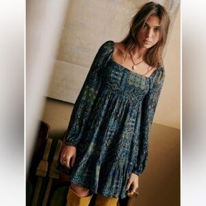 Sezane Joyce Silk Blend Boho Baby Doll Dress - Arizona Blue, 34 NWT